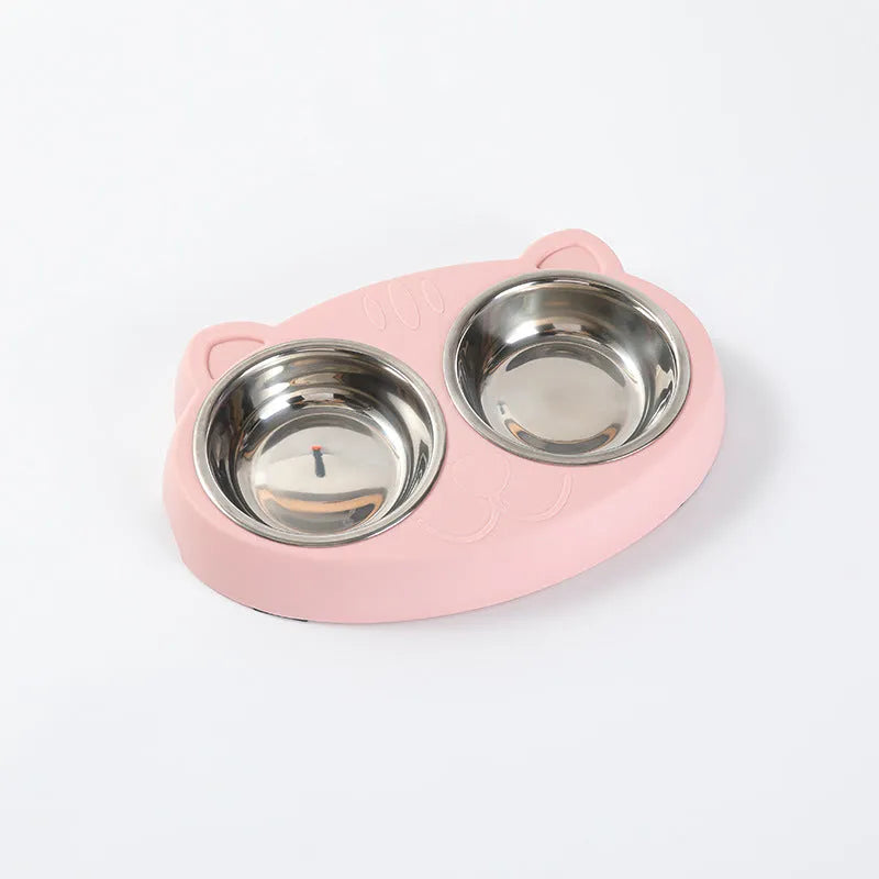 Plastic double bowl pet feeder tray in blue colour for cat and dog feeding