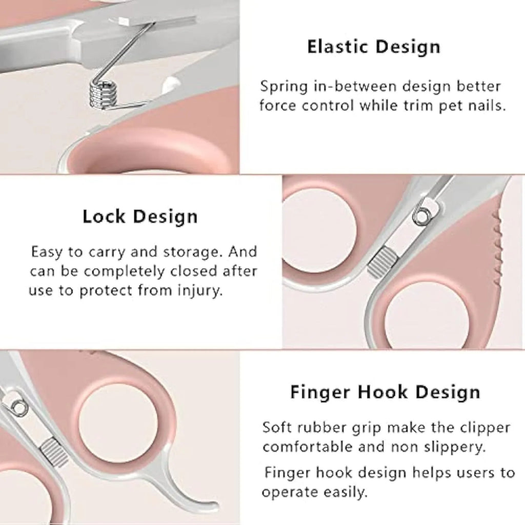 Grey and pink cat nail clippers with angled blade and safety guard on a table.