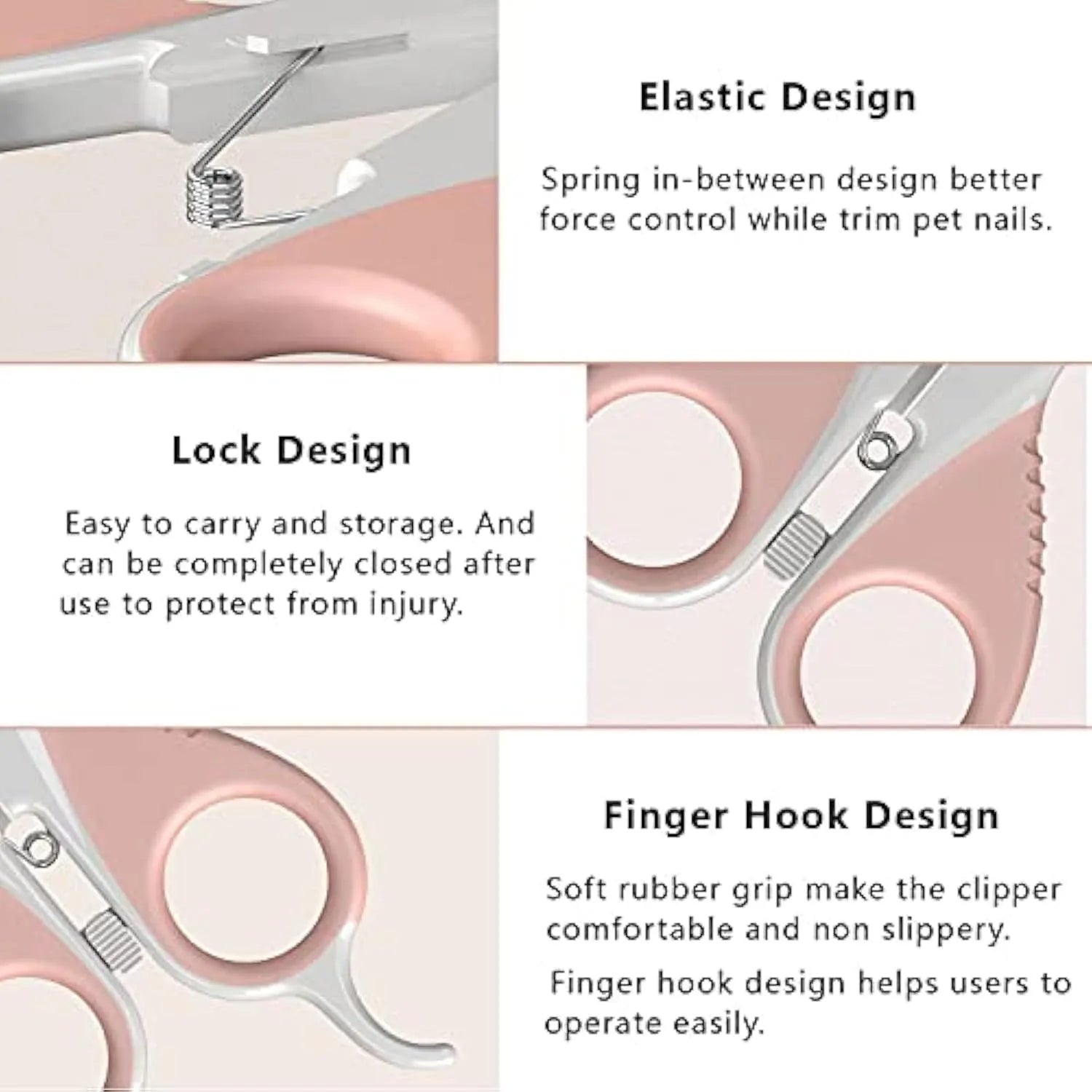 Grey and pink cat nail clippers with angled blade and safety guard on a table.