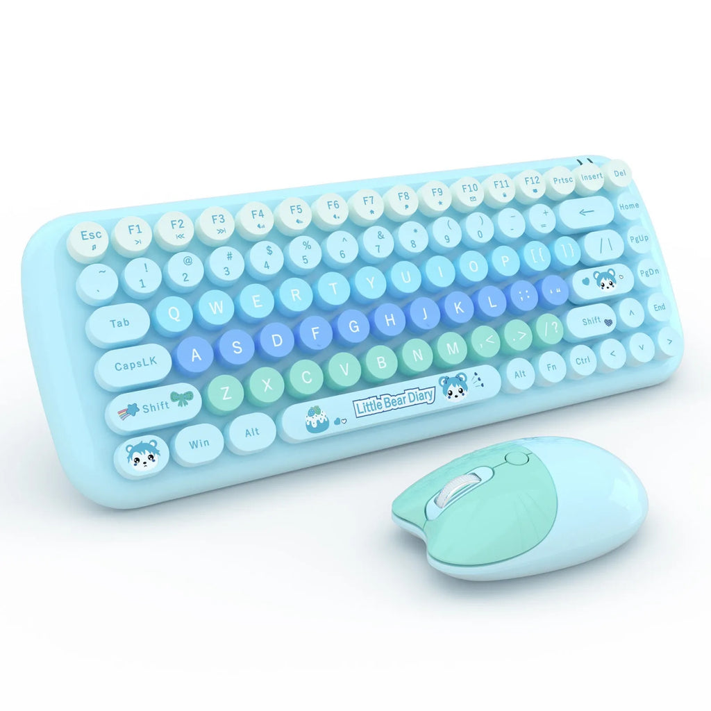 Candy pink wireless keyboard and mouse set with compact design on a desk.