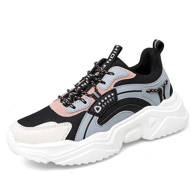 White women's thick-soled casual sports shoes with mesh upper and buckle detail