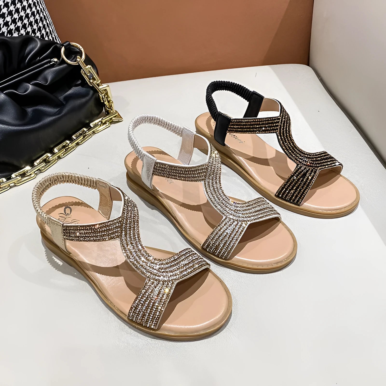 Gold patent leather women's beach sandals with rhinestone decoration and round toe holder