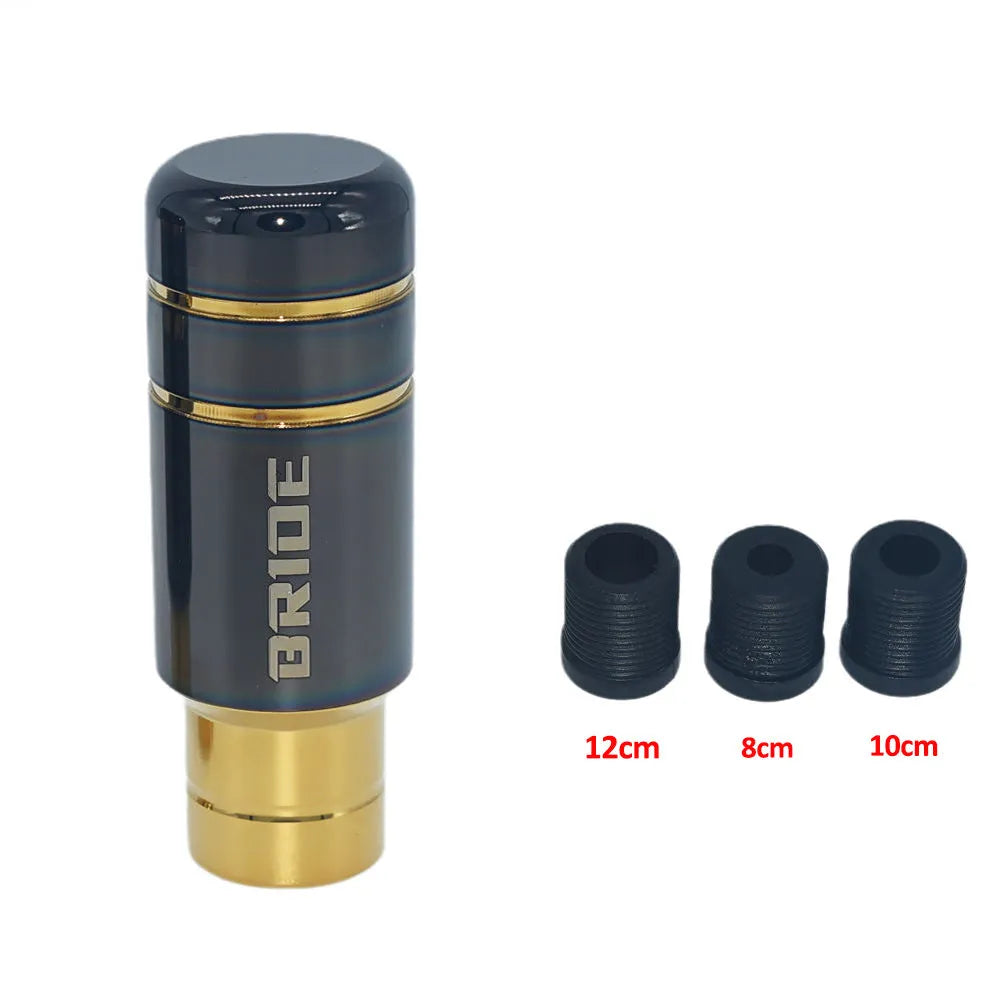 Roasted blue aluminium alloy car gear shift head with three black rubber installation sleeves.