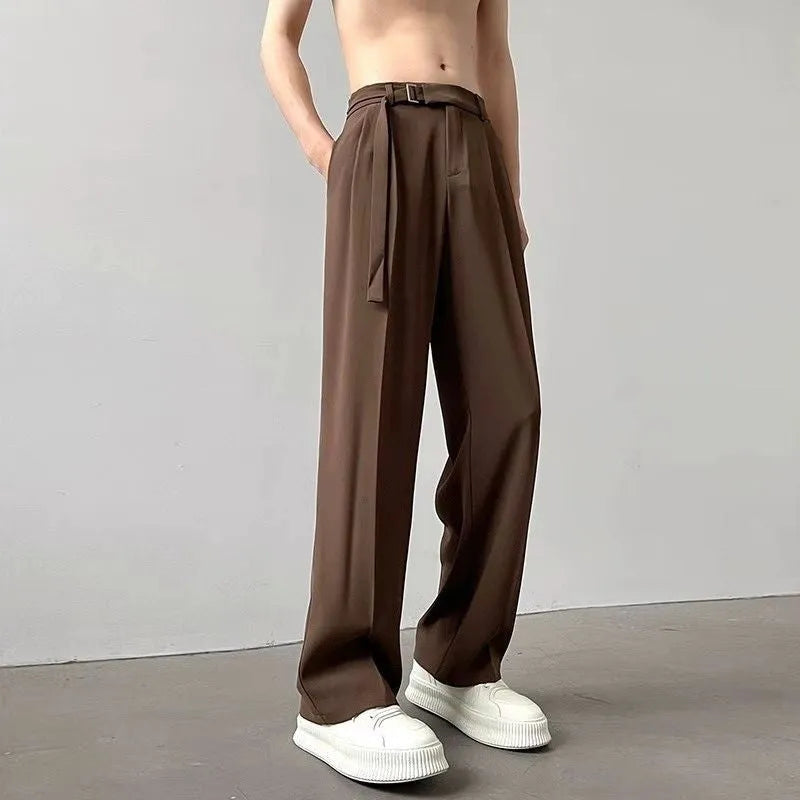 Black straight leg loose cut pants with non-iron chemical fibre blend fabric, front view