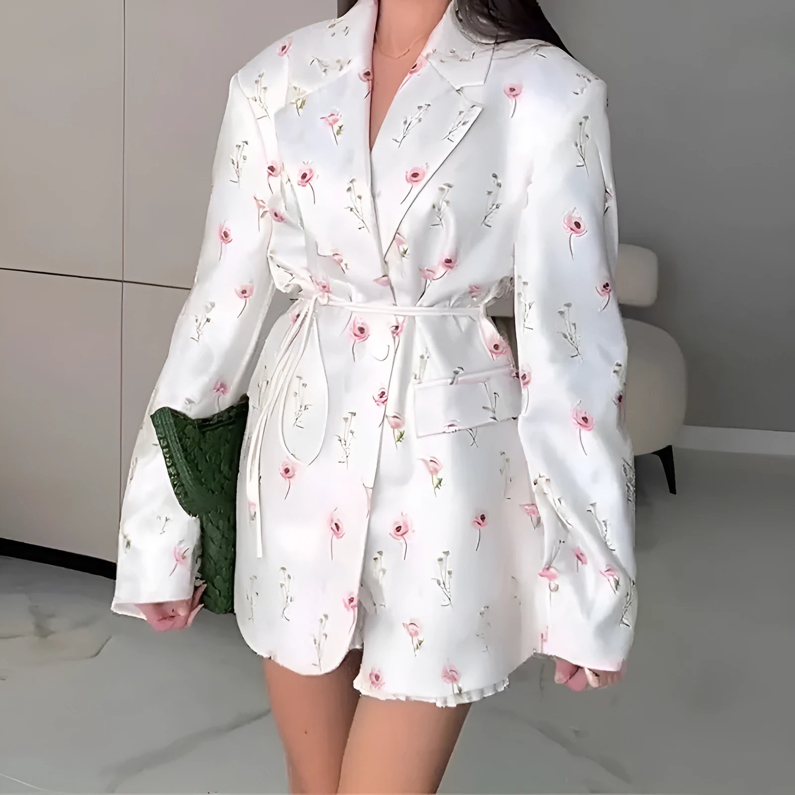 Women's collar lace-up waist-tight suit jacket in a floral print and solid colours.