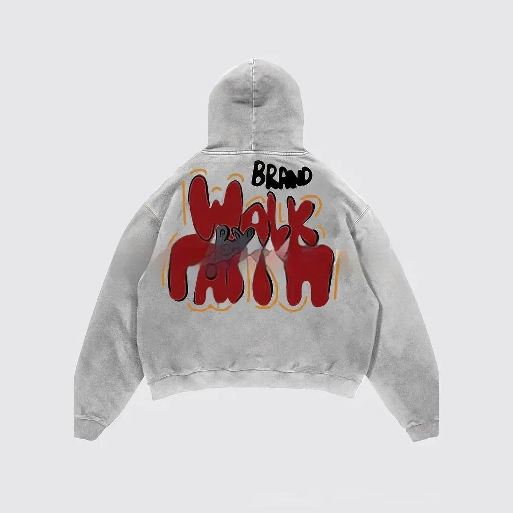 Granny Grey women's hoodie with black character letter print, long sleeves, and a front pocket.