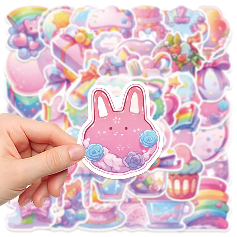 Pack of 50 sheets of cute candy small items themed waterproof decorative stickers.