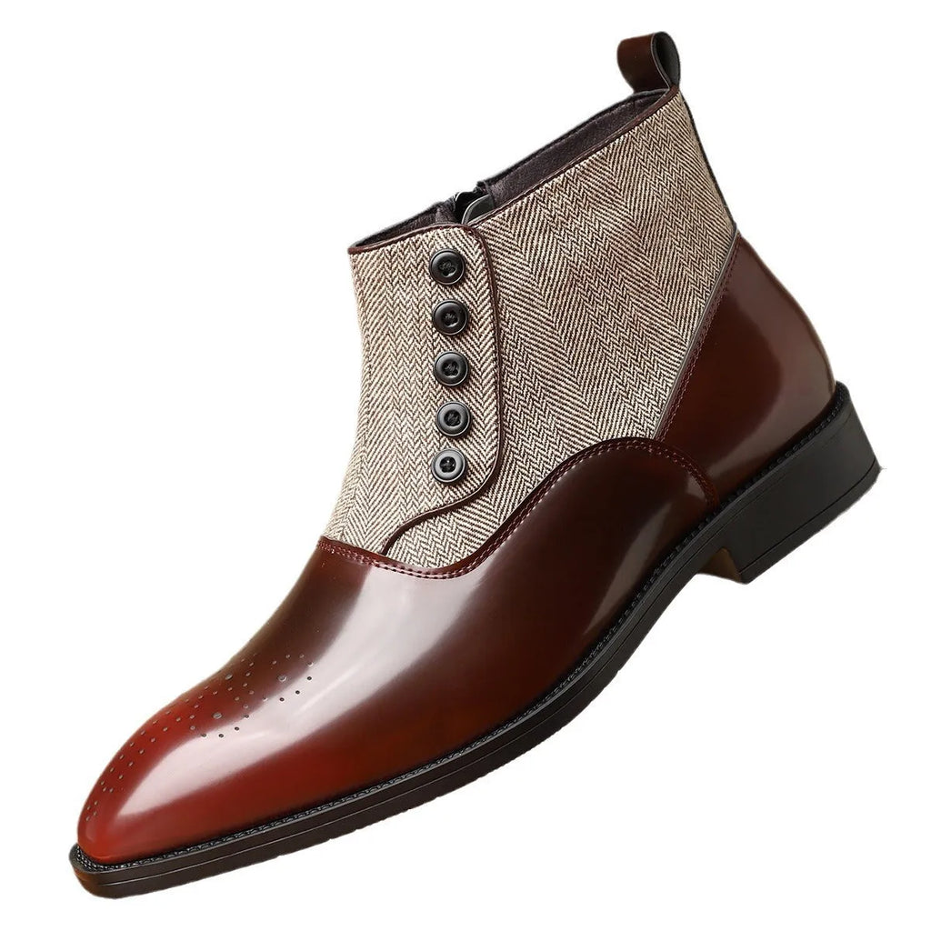 Men's brown and green retro formal shoes with side zip, square toe, and low square heel.