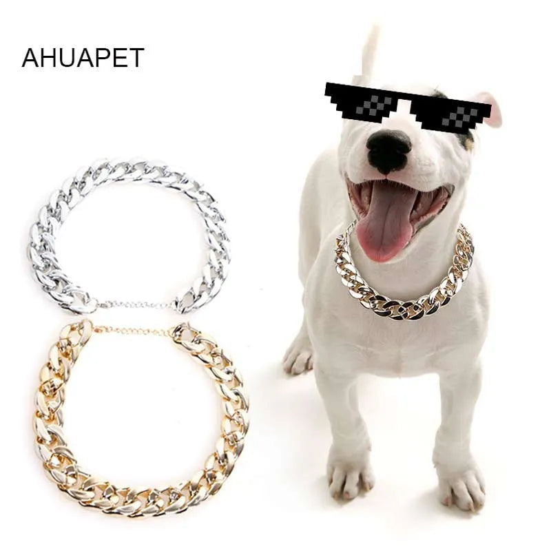 Gold colour chain-style adjustable dog collar with buckle closure for small to medium pets
