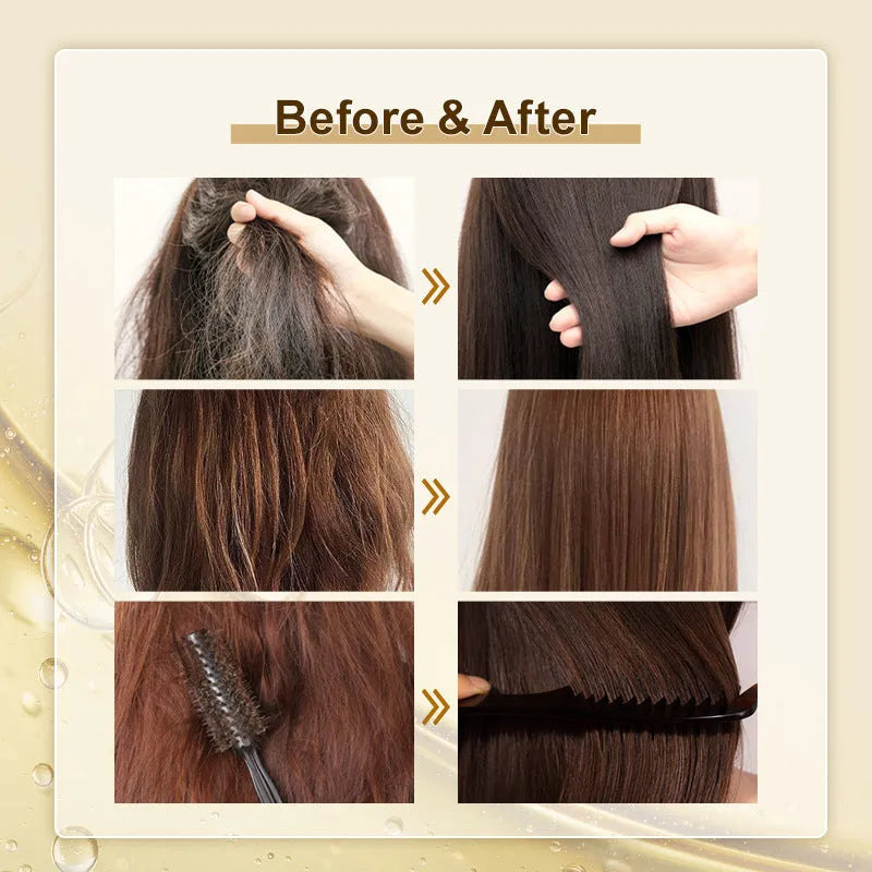 Yellow-tinted hair care essential oil in 50ml bottle for curly hair repair and scalp treatment