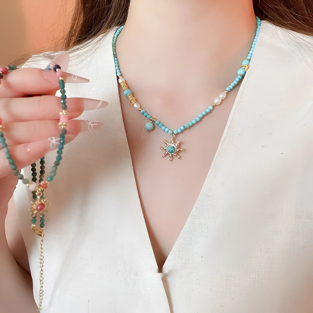 Stone sun pendant freshwater pearl necklace with adjustable clavicle chain in French court style
