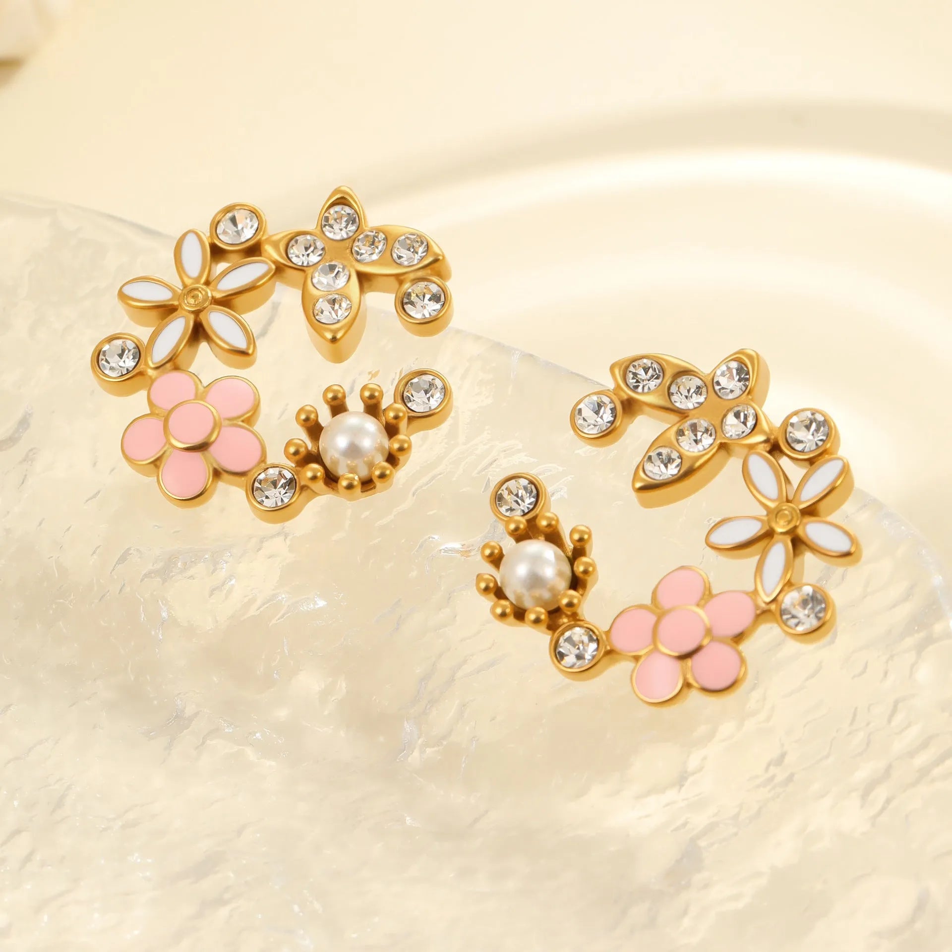Diamond colourful oil flower stud earrings with petal design and 18K gold electroplating on stainless steel