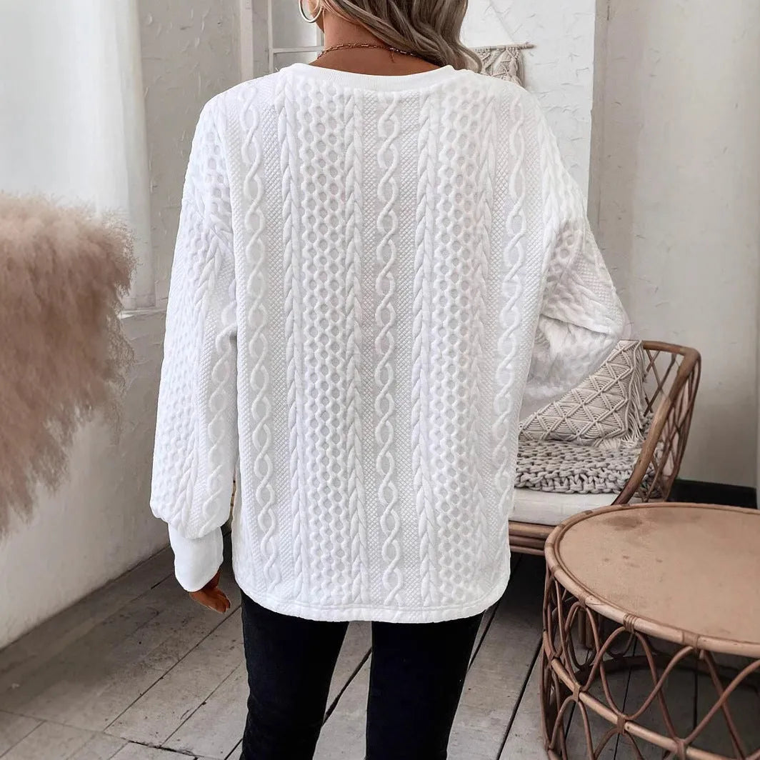 Milky white loose t-shirt with 3D pattern detail on polyester fabric, long sleeve casual wear