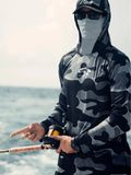 Men's grey long sleeve performance fishing shirt with crew neck and mesh side panels.