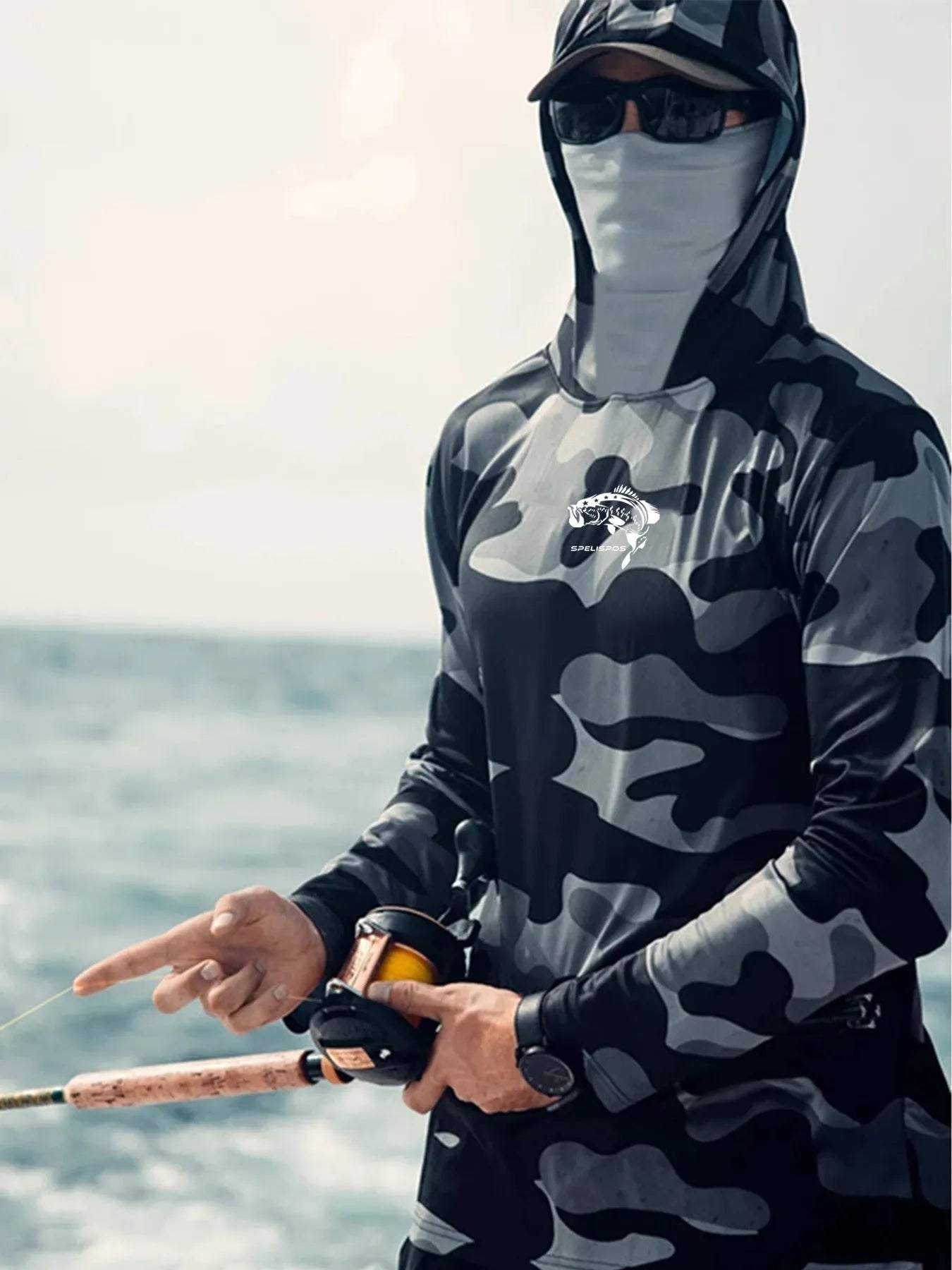 Men's grey long sleeve performance fishing shirt with crew neck and mesh side panels.