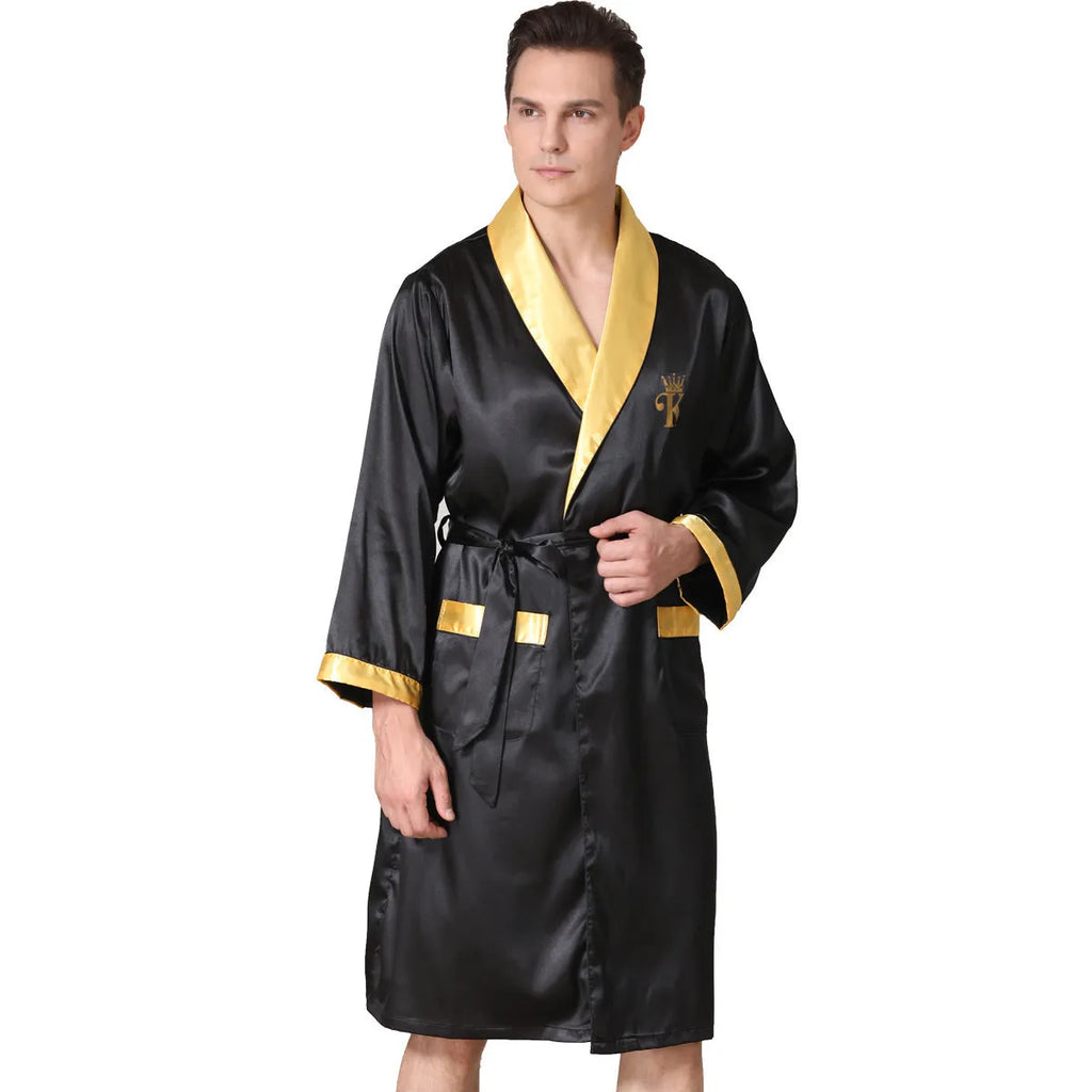 Man in a lightweight grey striped silk bathrobe for summer home lounging.
