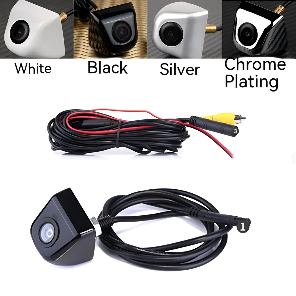 Black metal shell car rearview camera with integrated cable for reversing assistance.