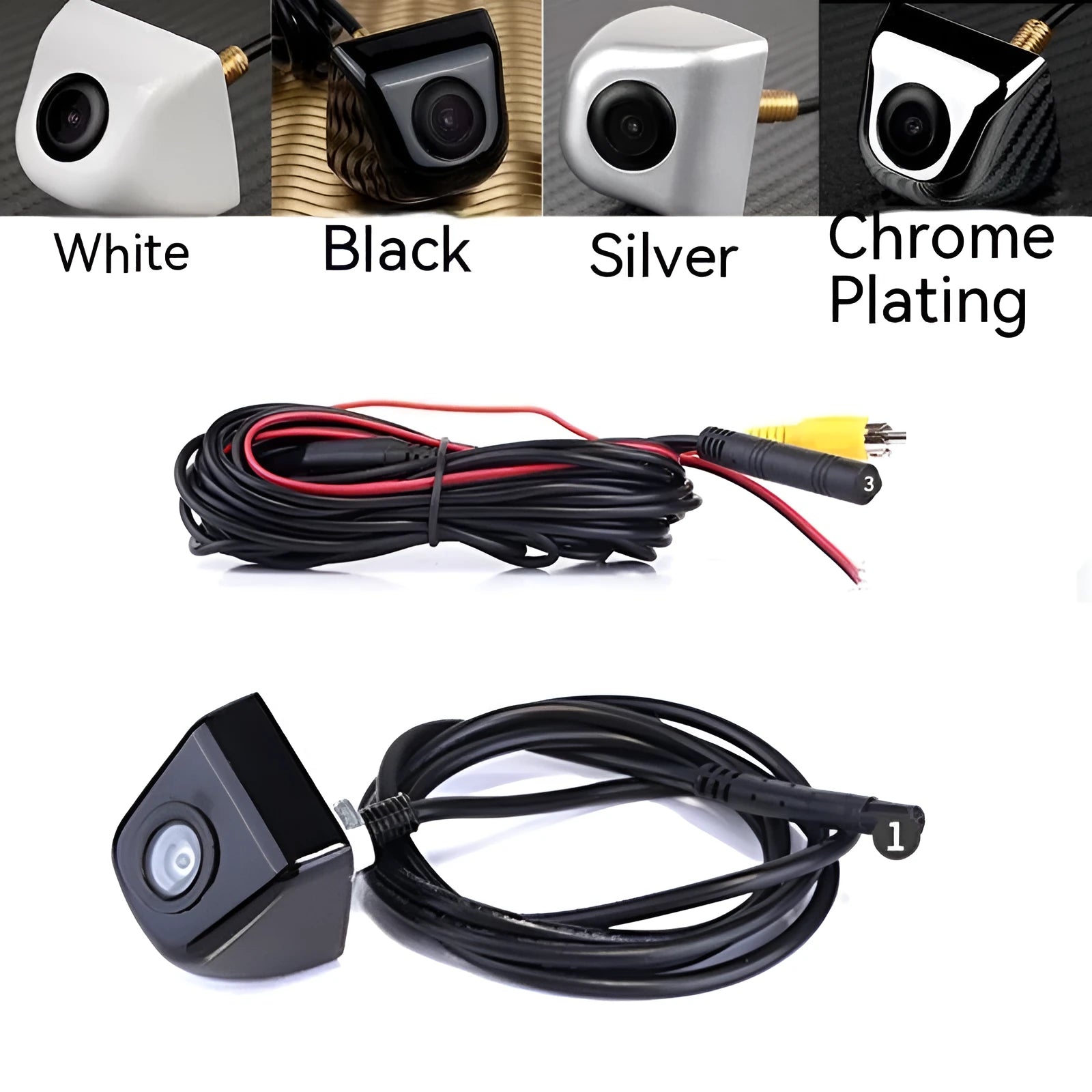 Black metal shell car rearview camera with integrated cable for reversing assistance.