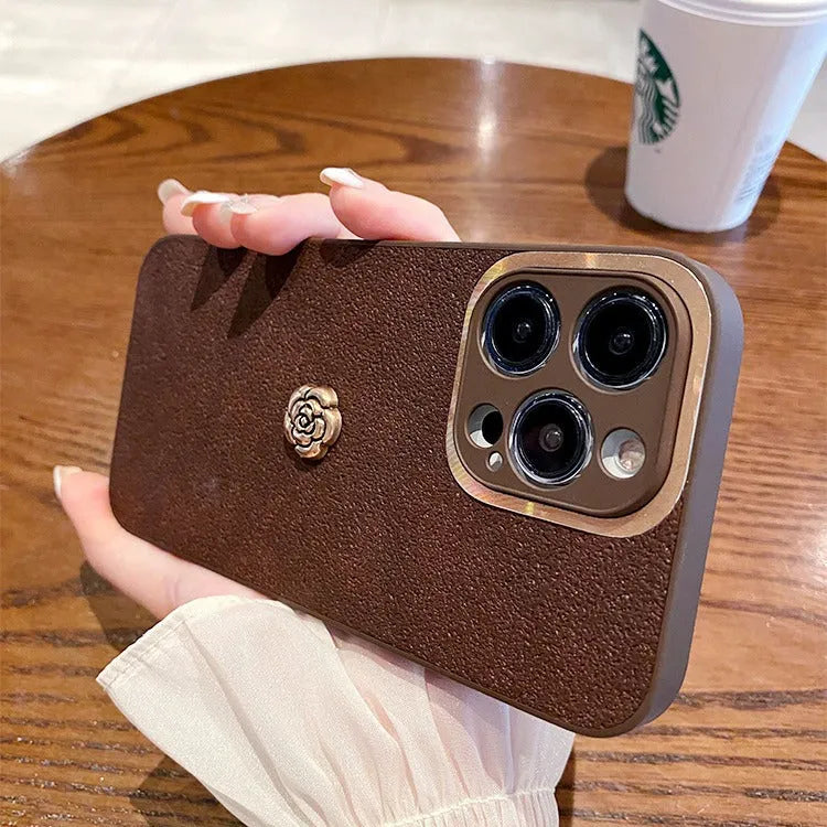 Brown frosted PC silicone phone case with camellia design for iPhone 11 to 15 series