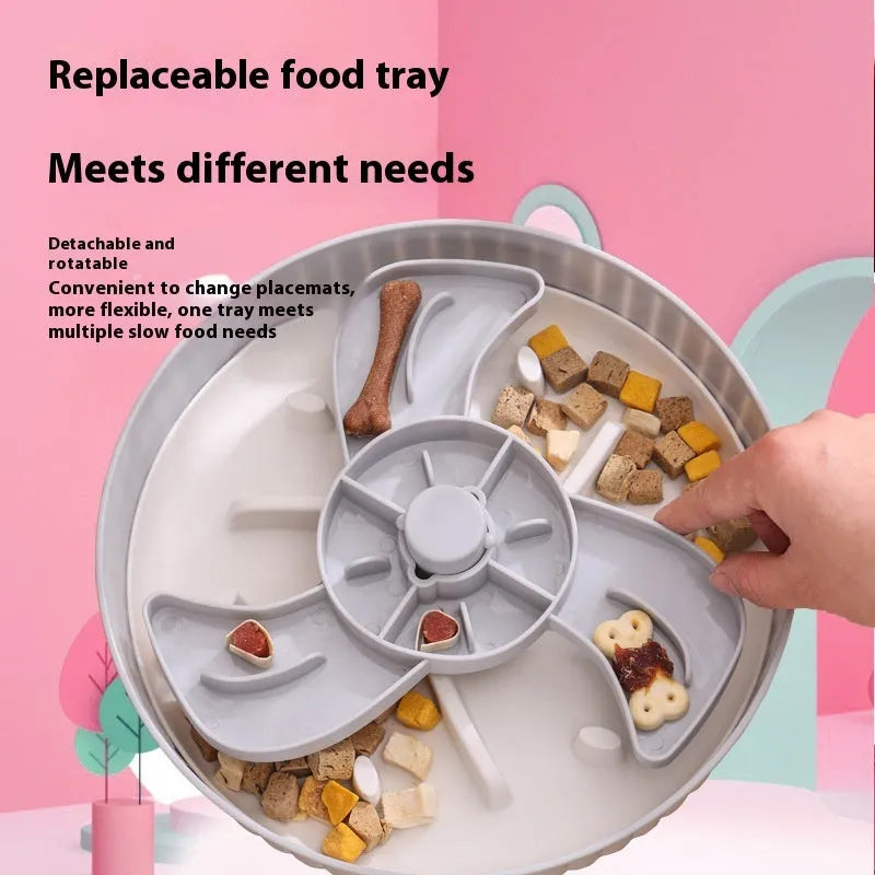 Pet slow feeder bowl with rotating game board and textured silicone licking mat in assorted colours.