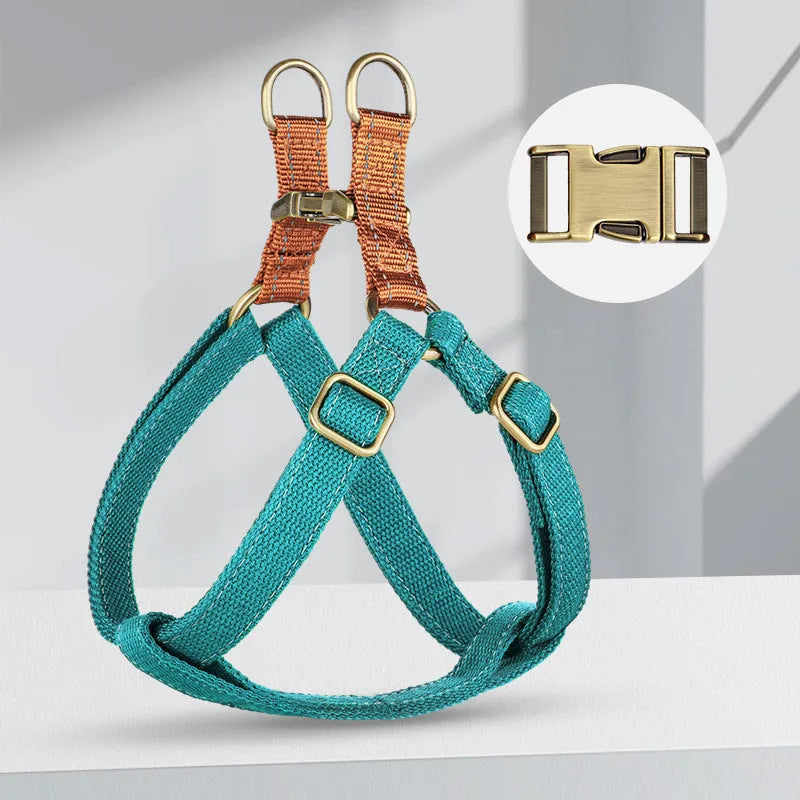 Vest style dog leash in cotton and nylon with alloy fastener in three colour options