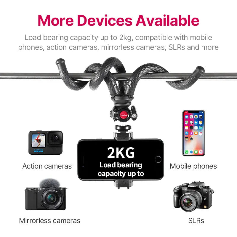 Black octopus-style flexible phone tripod with extended legs and mobile phone clip attached