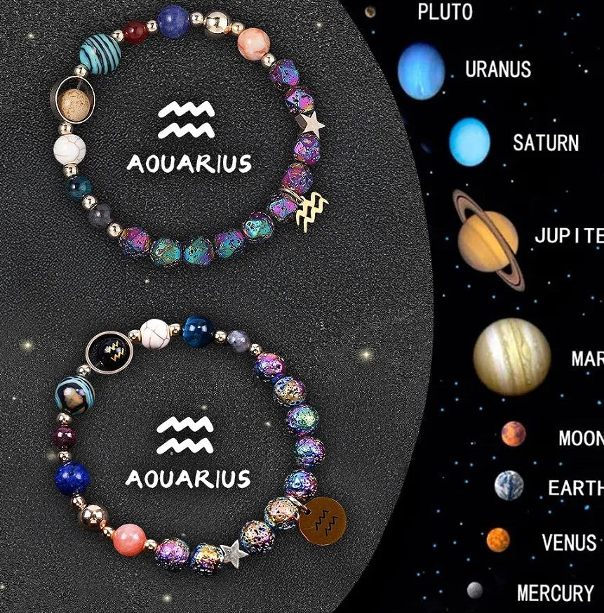 Two natural stone beaded zodiac sign bracelets with adjustable elastic straps on a wooden surface.