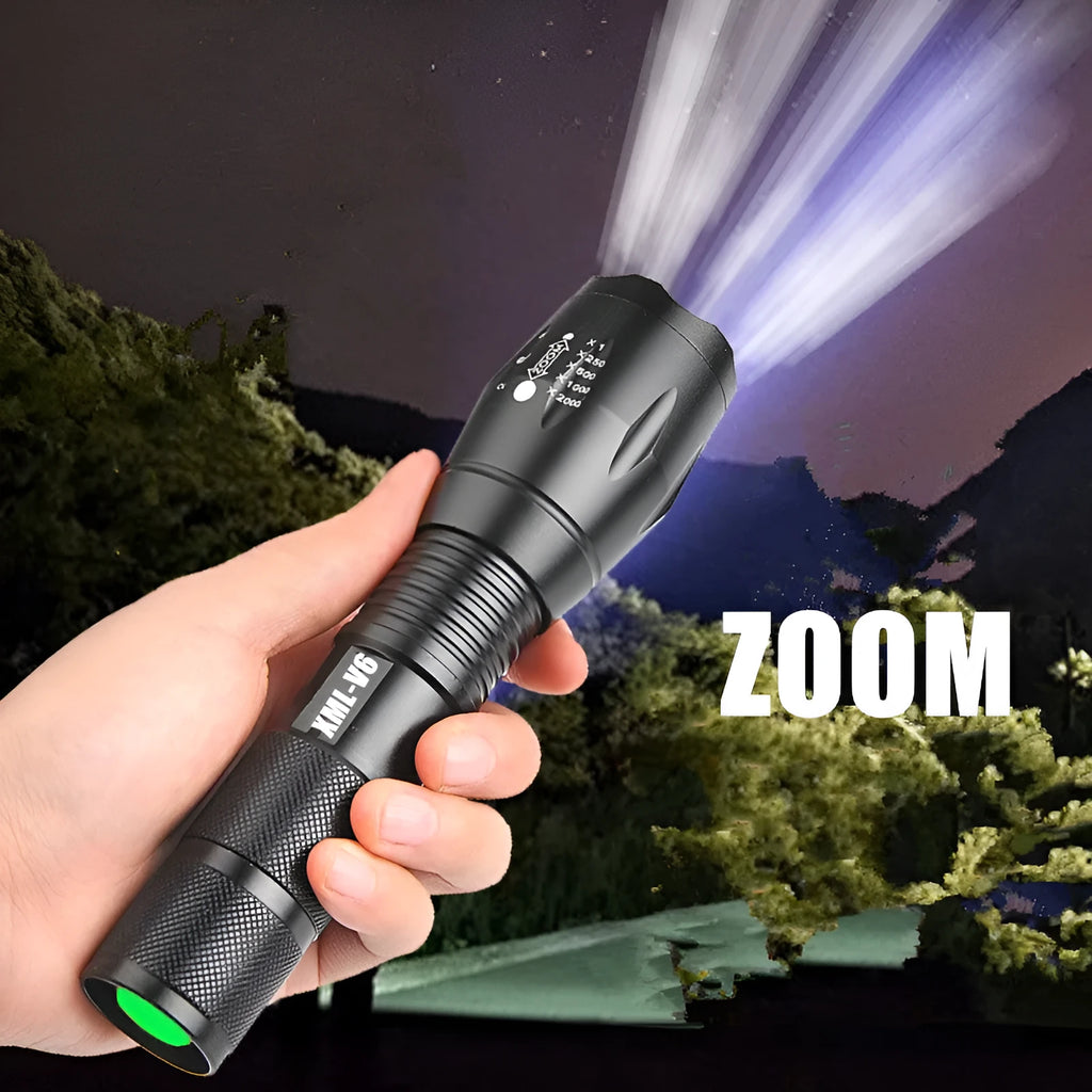 Portable mini LED zoom torch with aluminium alloy body, adjustable focus, and 200-500 metre range in black