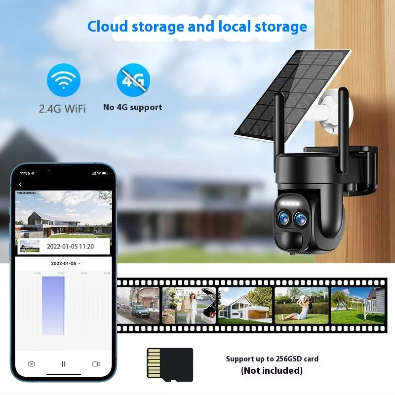 Solar powered outdoor security camera with 8x zoom lens and weather-resistant housing