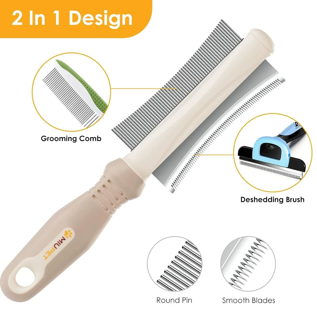 White 2-in-1 double-sided dog and cat deshedding brush with grooming comb and ergonomic handle