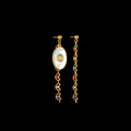 Three pairs of geometric stainless steel earrings: eight-point star, eye motif and shell sun designs