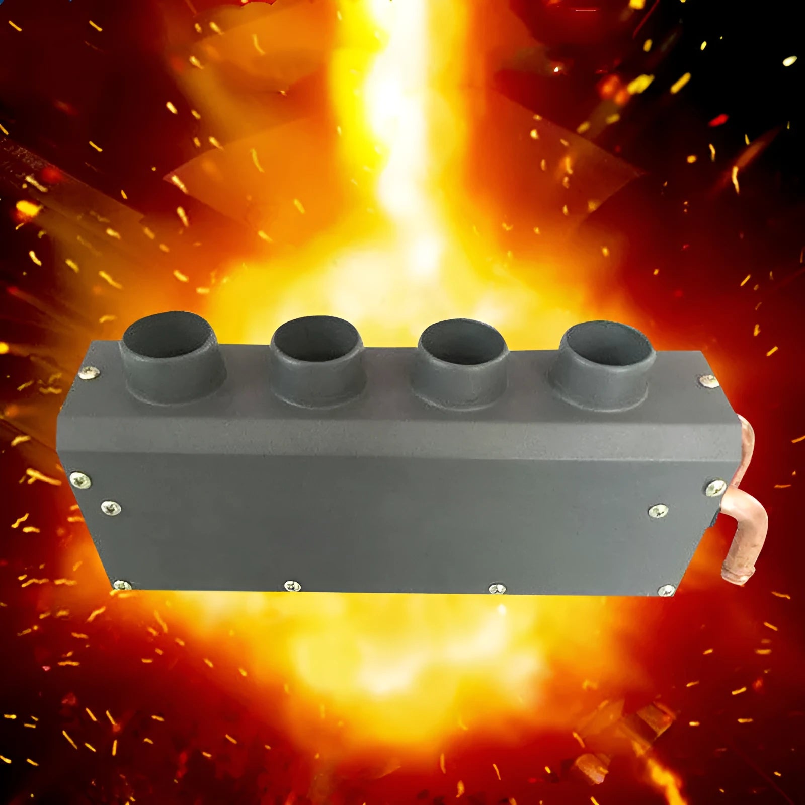 Metal car heater unit with copper pipe connections for engine waste heat utilisation
