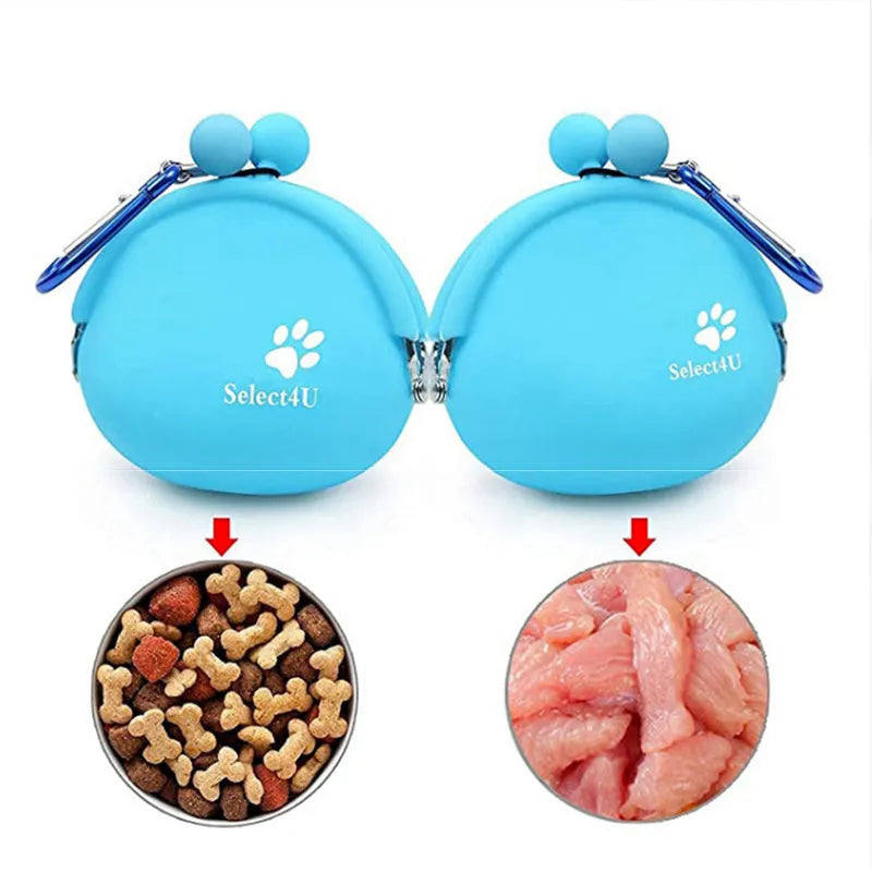 Silicone dog training treat waist bag with hook-and-loop closure in assorted colours.