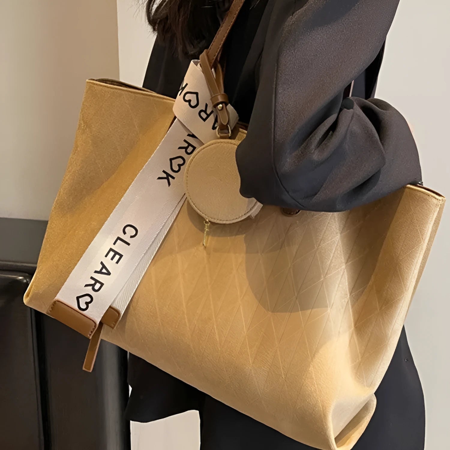 Large women's soft polyester tote bag with shoulder strap in horizontal square shape