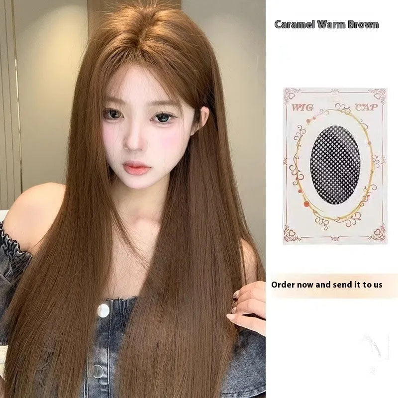 Warm brown long straight lace wig with centre-parted bangs for women on a wig stand