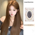 Warm brown long straight lace wig with centre-parted bangs for women on a wig stand