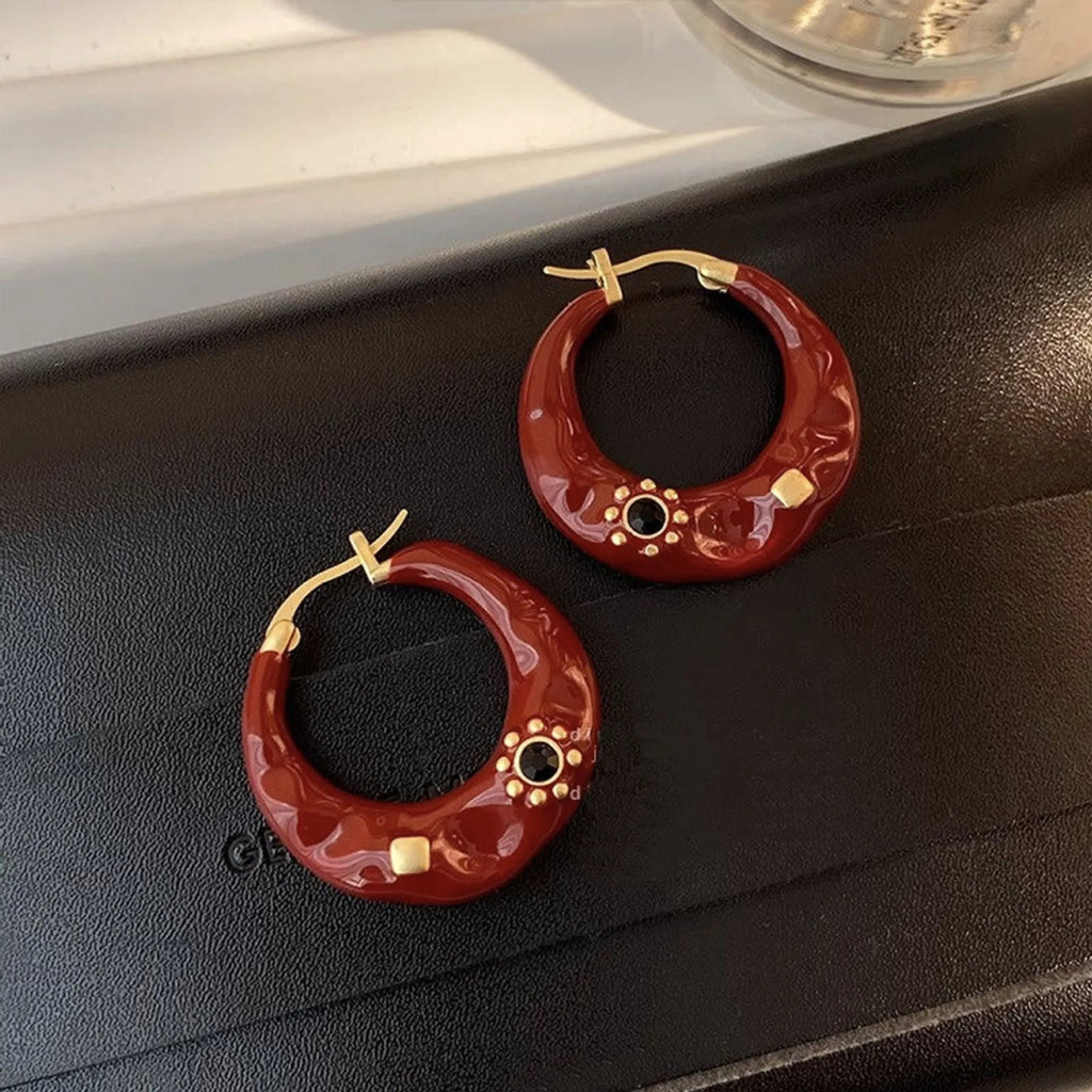Hong Kong style retro rhinestone ear studs with dripping oil finish in black and red colours