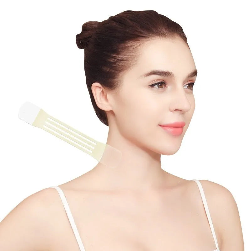 V27 skin tone neck pattern lifting sling with 20 firming adhesive patches on white background