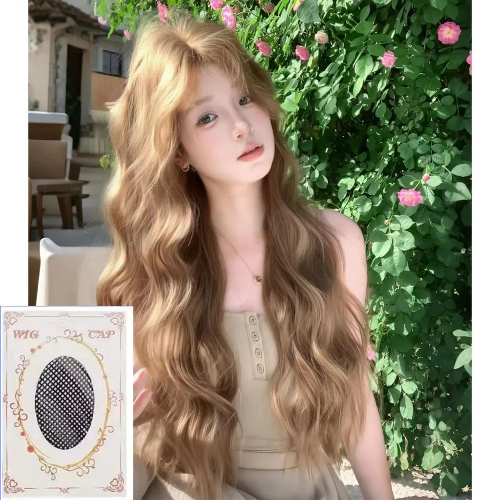 Linen brown medium long curly high temperature fibre synthetic wig with hair net