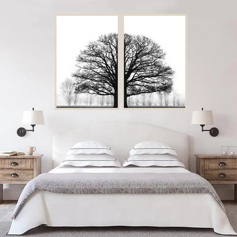 Black and white winter trees canvas wall painting, white background, multiple sizes available