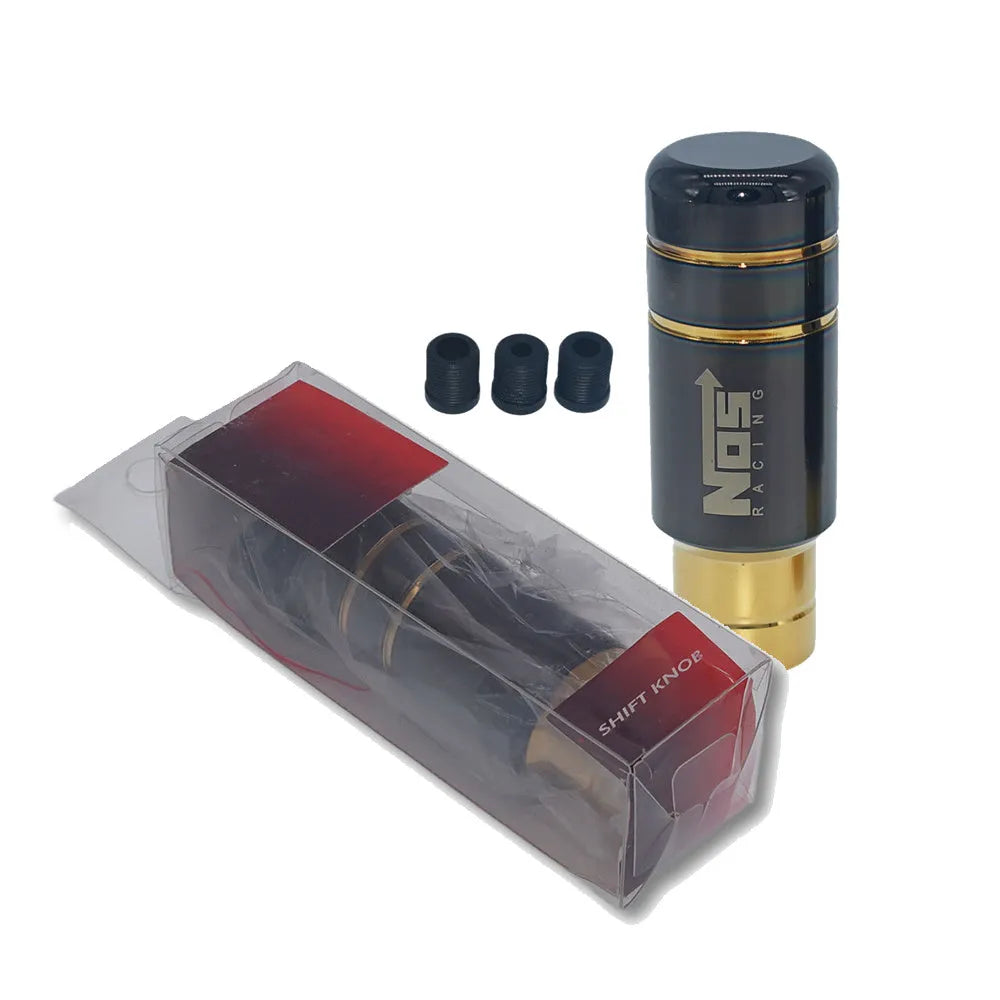 Roasted blue aluminium alloy car gear shift head with three black rubber installation sleeves.