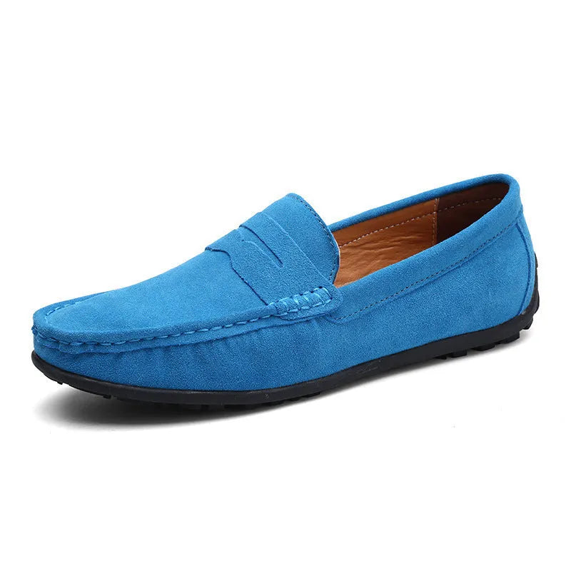 Men's suede casual slip-on shoes in black with round toe and flat rubber sole.