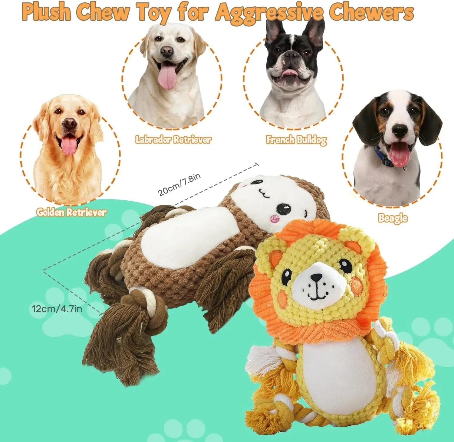 Lion and monkey plush squeaky dog toys showing size comparison with squeakers inside