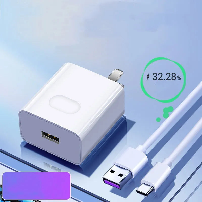 White 40W USB charger with QC3.0 and 5A fast charging cable for mobile phones on a plain background