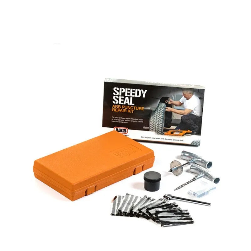 Emergency car tyre repair kit with tools and pressure gauge in compact storage case