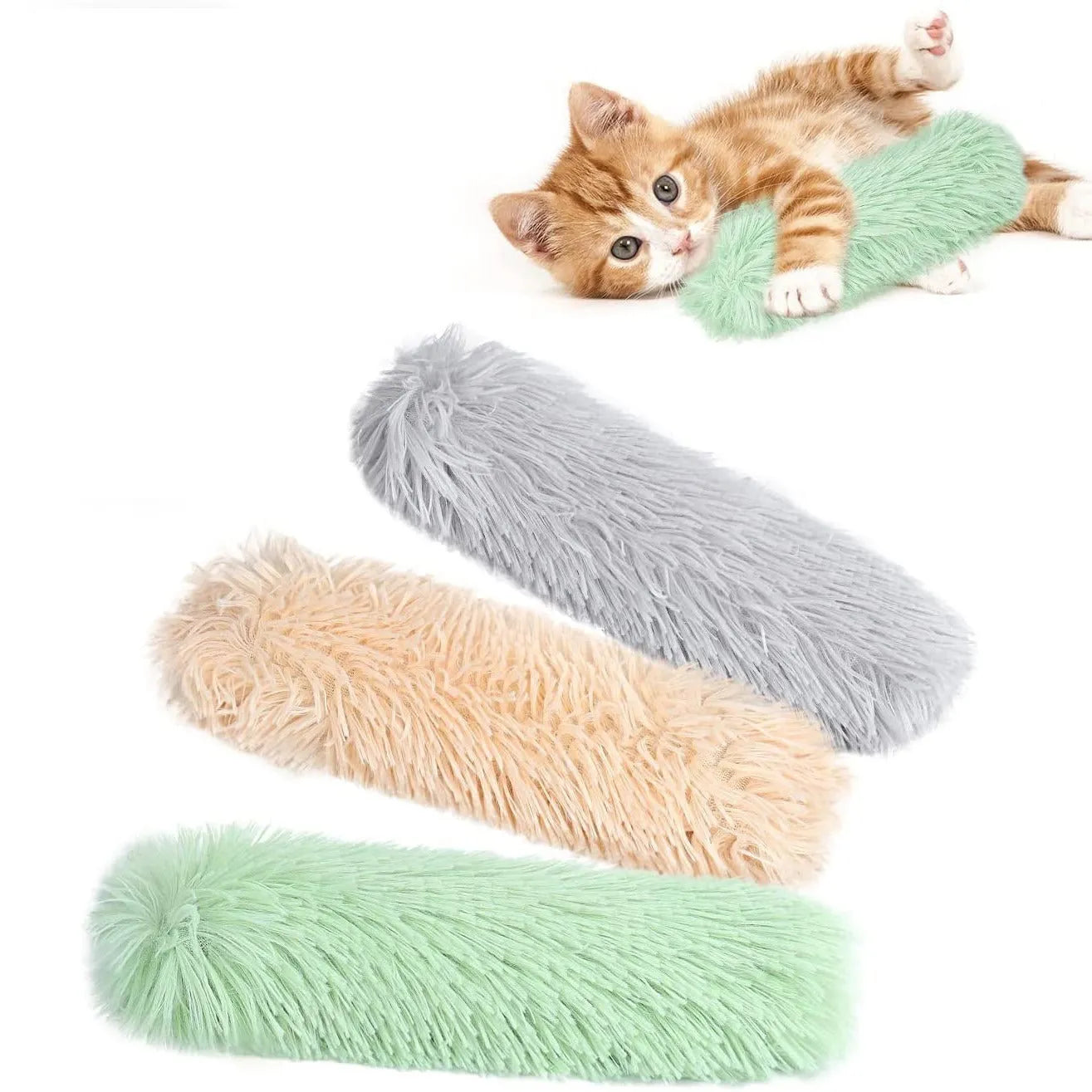 Blue plush cat toy pillow measuring 27cm long on a neutral background.