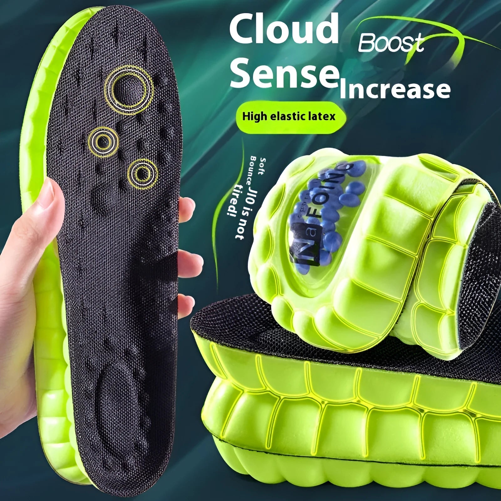 Green PU air cushion sports insole with shock absorption and argy wormwood layer
