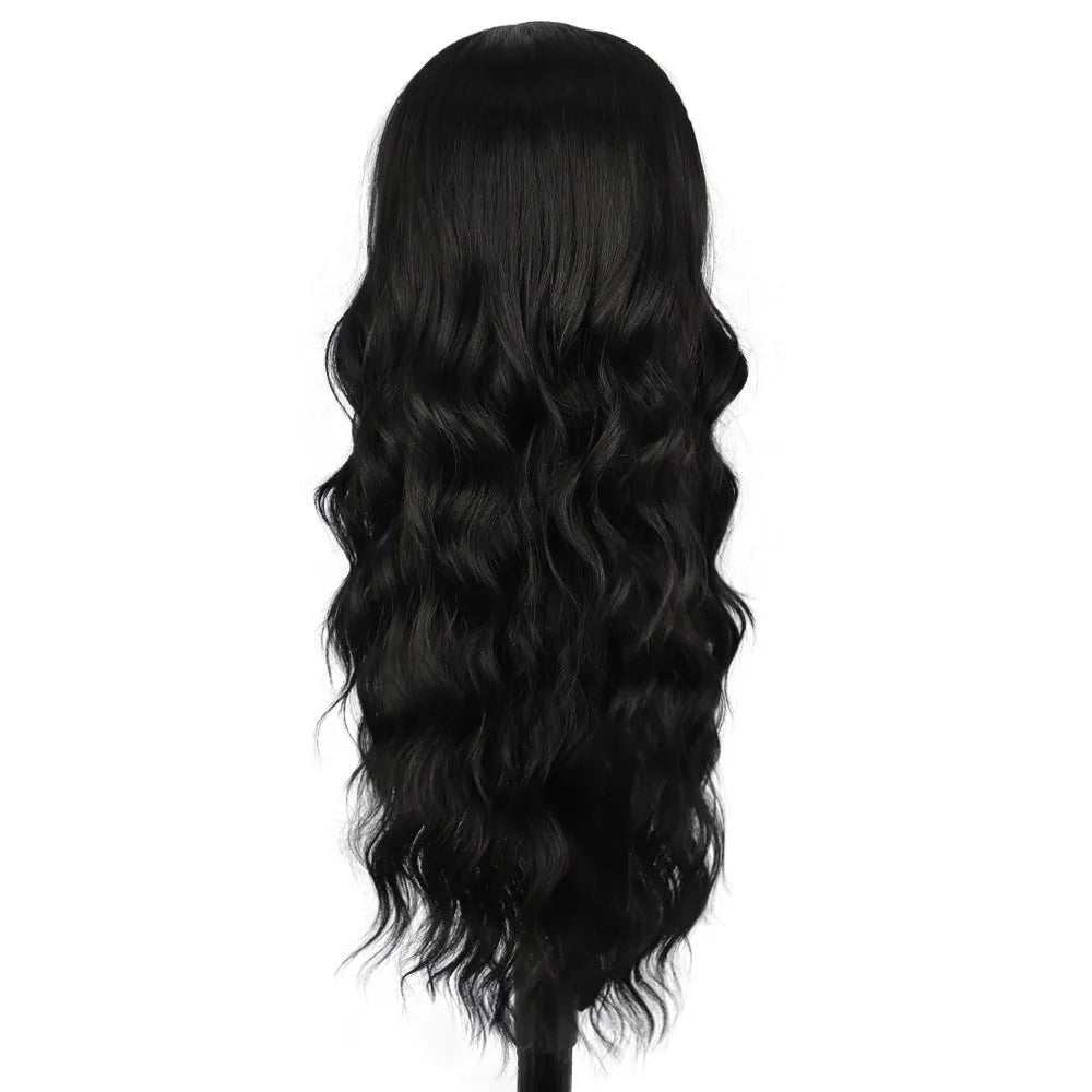 European American front lace wig with medium large wavelength curly hair and long bangs for ladies