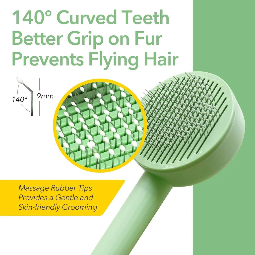 Green 2-in-1 pet grooming brush with stainless steel teeth and hanging loop for cats and dogs