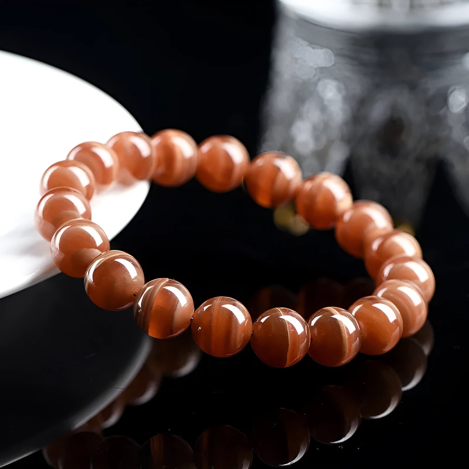 Natural rhodochrosite round bead bracelet with geometric Ruyi design in 6mm or 8mm Peruvian mineral
